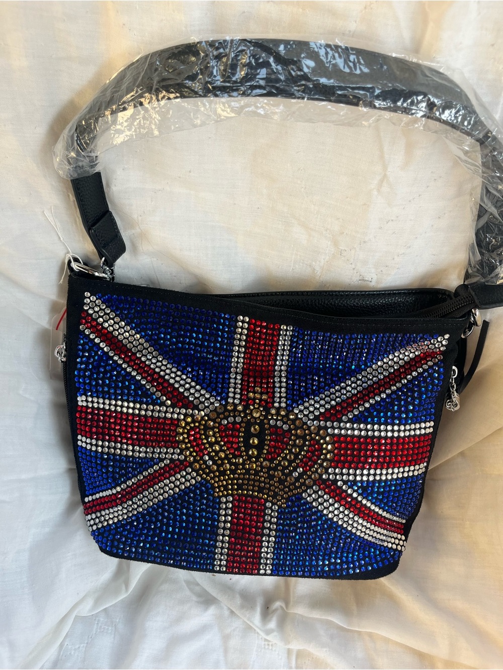 Embellished Union Jack Crystal Shoulder Bag - Black/Red/Blue
